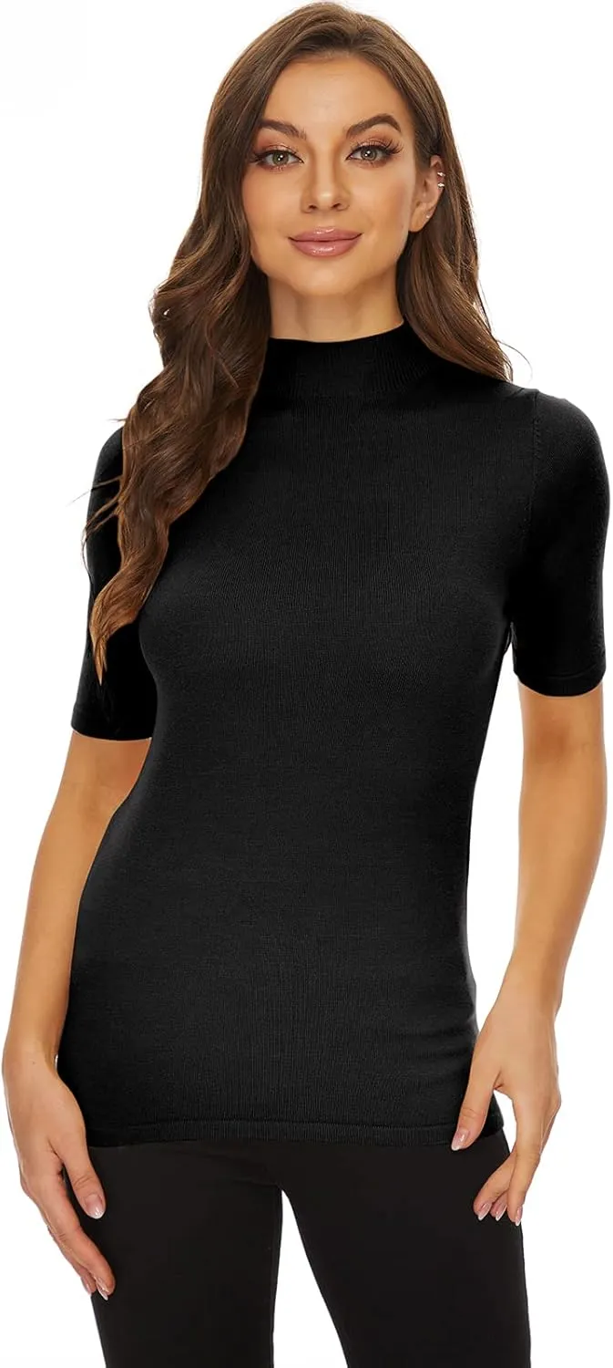 Anbenser Women’s Short Sleeve Mock Pullover Sweater Knit Jersey Top Slim Fit