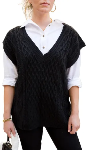 Anna-Kaci Women's Oversized Knit Sweater Vest Cable Knit V Neck Sleeveless Solid Color Pullover Sweater