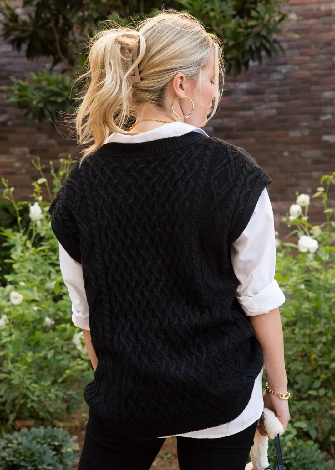 Anna-Kaci Women's Oversized Knit Sweater Vest Cable Knit V Neck Sleeveless Solid Color Pullover Sweater