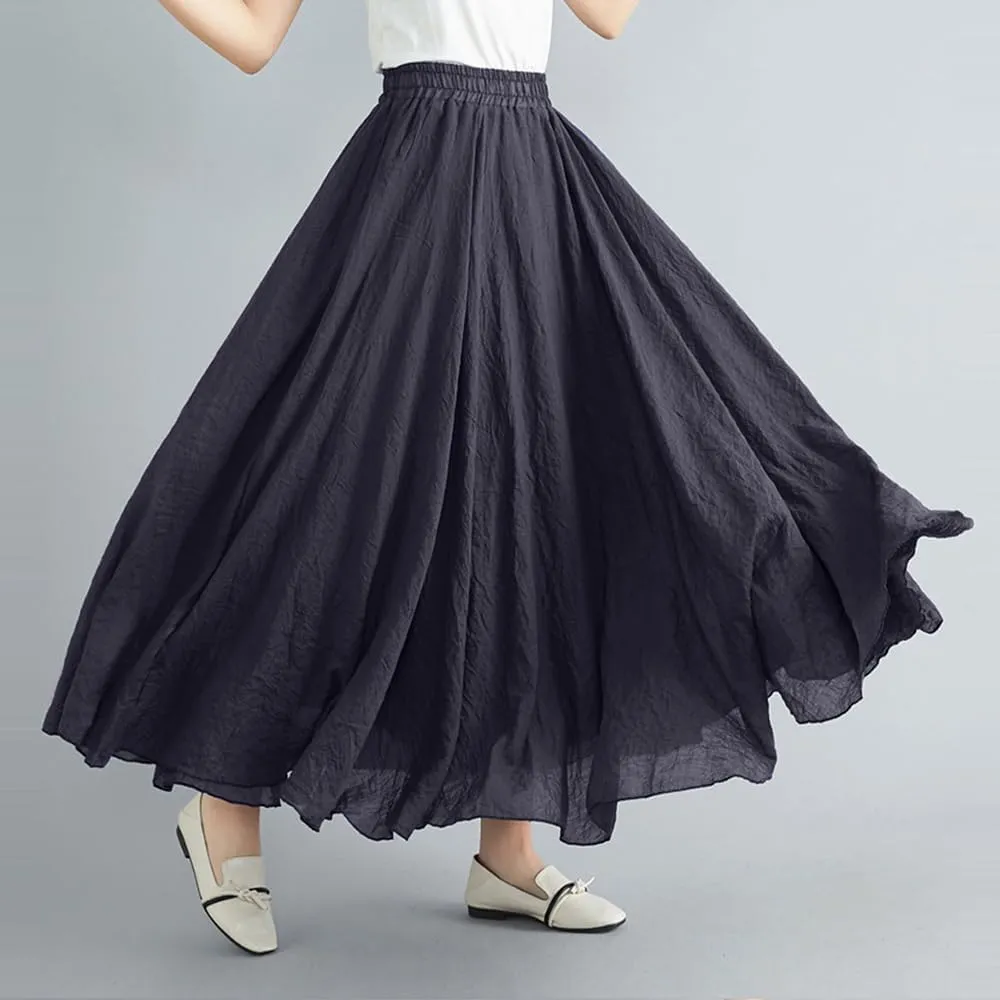 ASHER FASHION Women's Bohemian Style Elastic Waist Band Cotton Linen Long Maxi Skirt Dress
