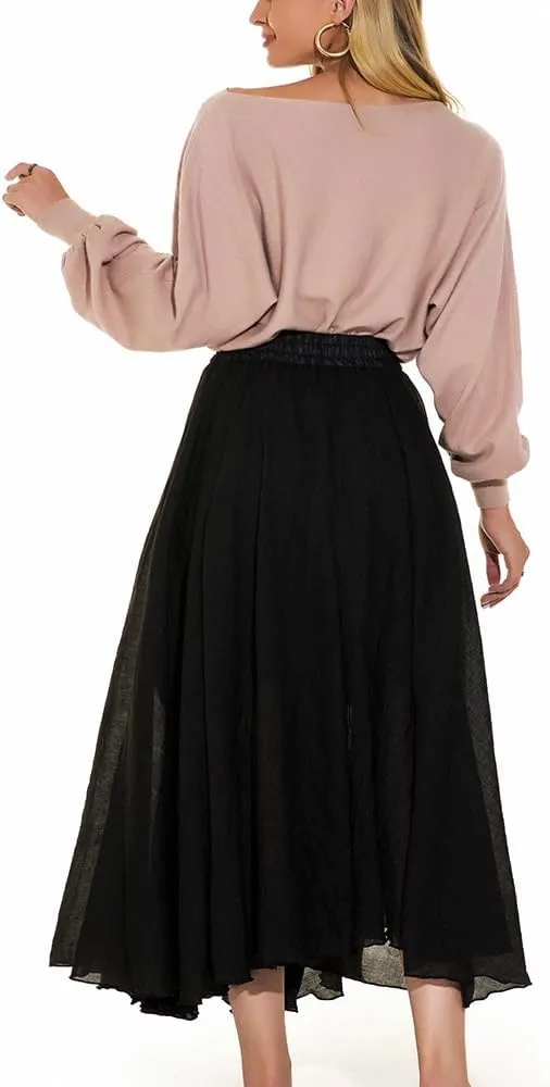 ASHER FASHION Women's Bohemian Style Elastic Waist Band Cotton Linen Long Maxi Skirt Dress