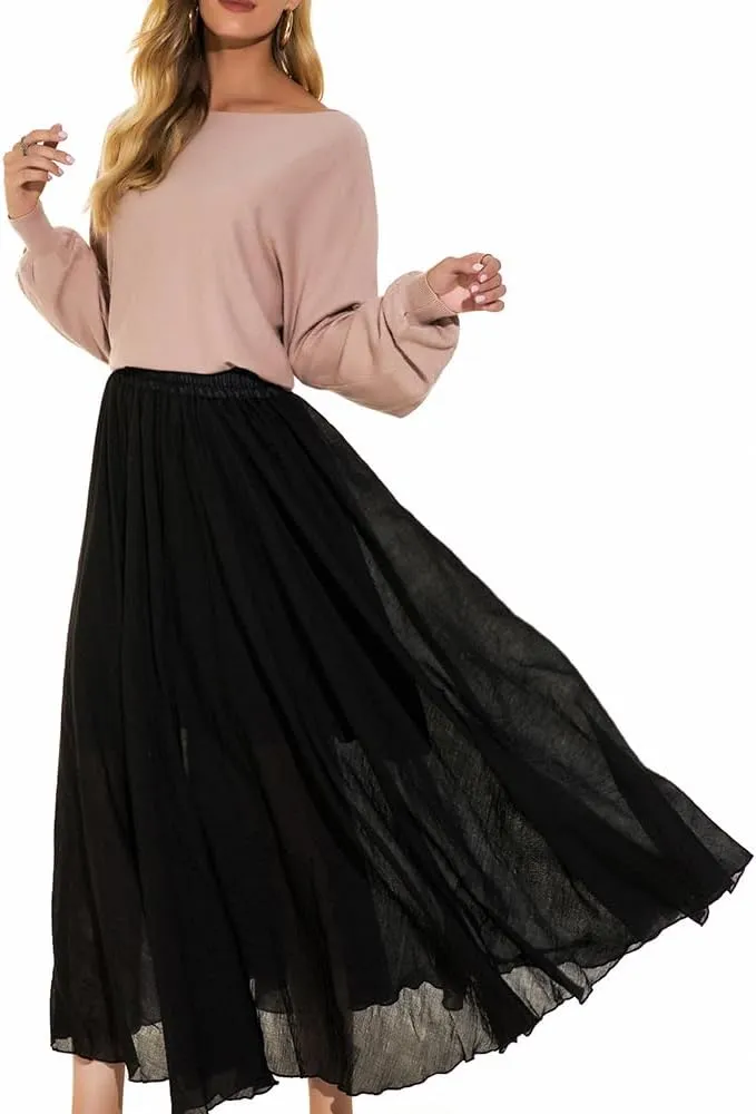 ASHER FASHION Women's Bohemian Style Elastic Waist Band Cotton Linen Long Maxi Skirt Dress
