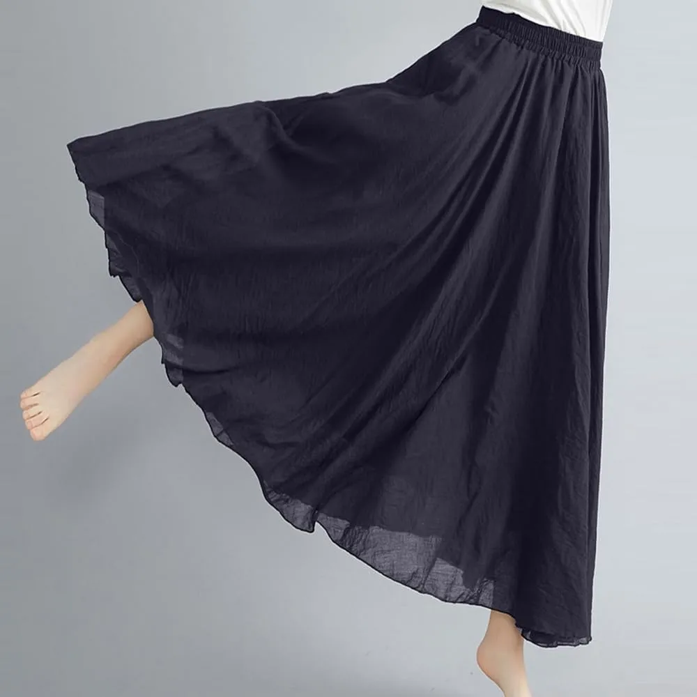ASHER FASHION Women's Bohemian Style Elastic Waist Band Cotton Linen Long Maxi Skirt Dress