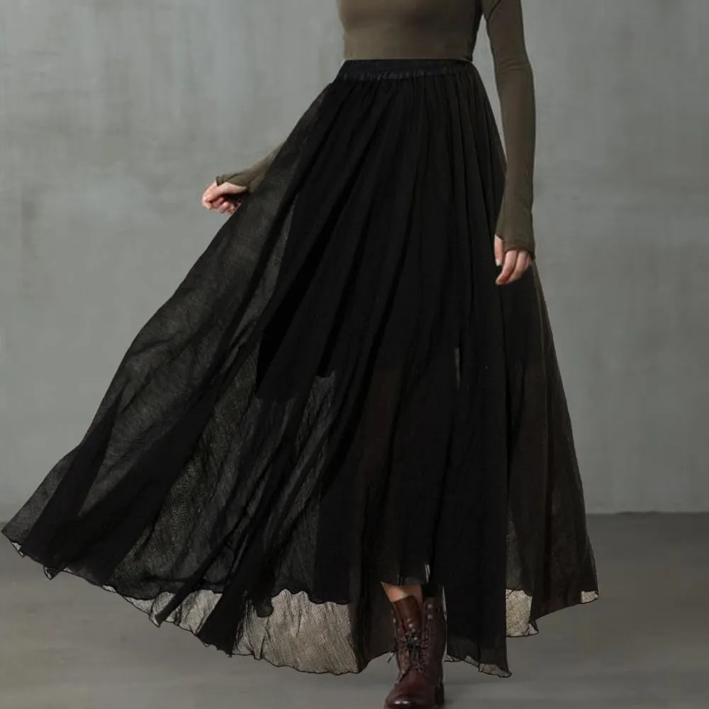 ASHER FASHION Women's Bohemian Style Elastic Waist Band Cotton Linen Long Maxi Skirt Dress