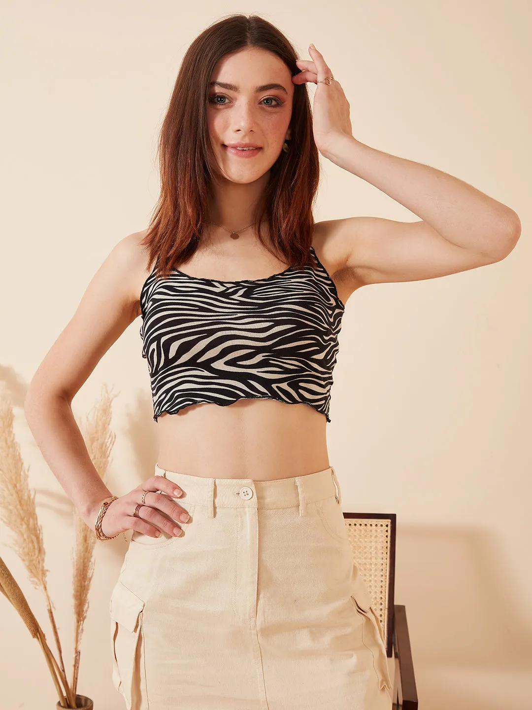 Berrylush Women White & Black Zebra Striped Print Round Neck Sleeveless Lettuce Trim Cropped Cami Top