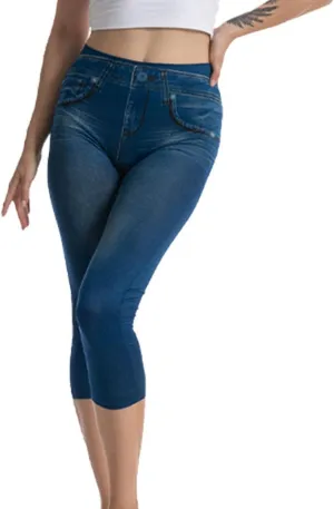 Capri Leggings for Women Jean Look Jeggings Super Comfy Stretch High Waisted Denim Skinny Pull-On Capri Pants Tights