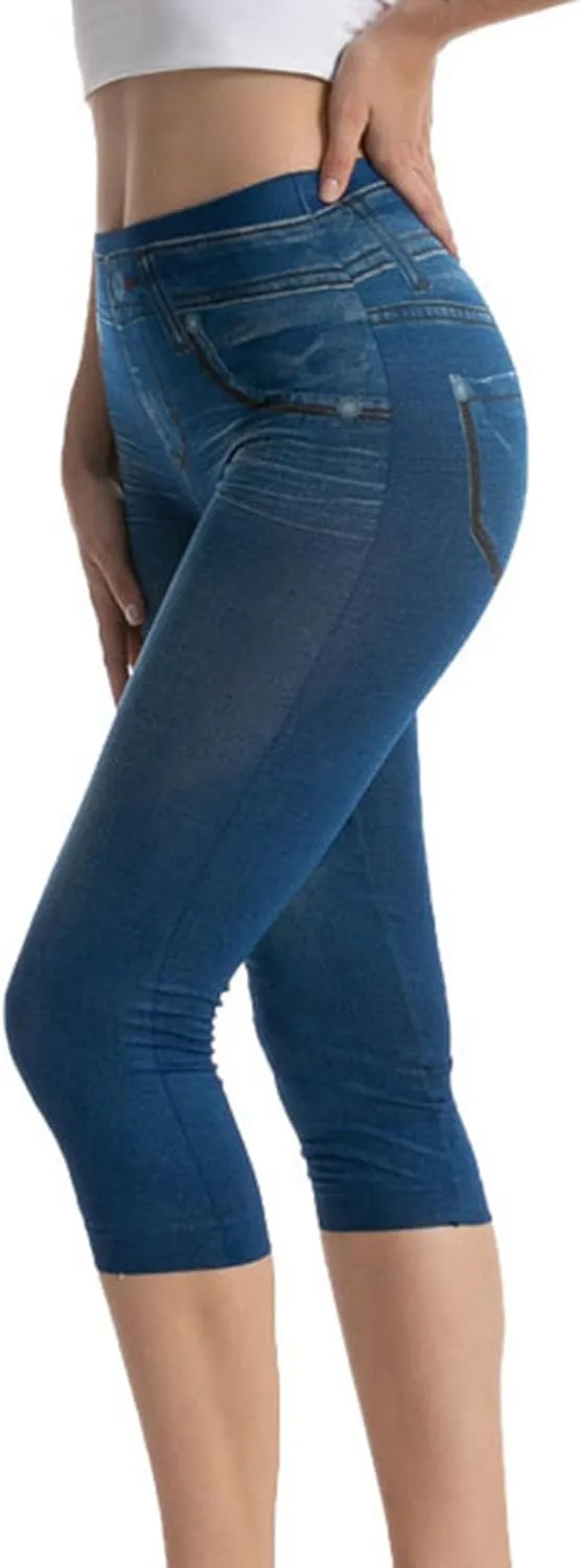 Capri Leggings for Women Jean Look Jeggings Super Comfy Stretch High Waisted Denim Skinny Pull-On Capri Pants Tights