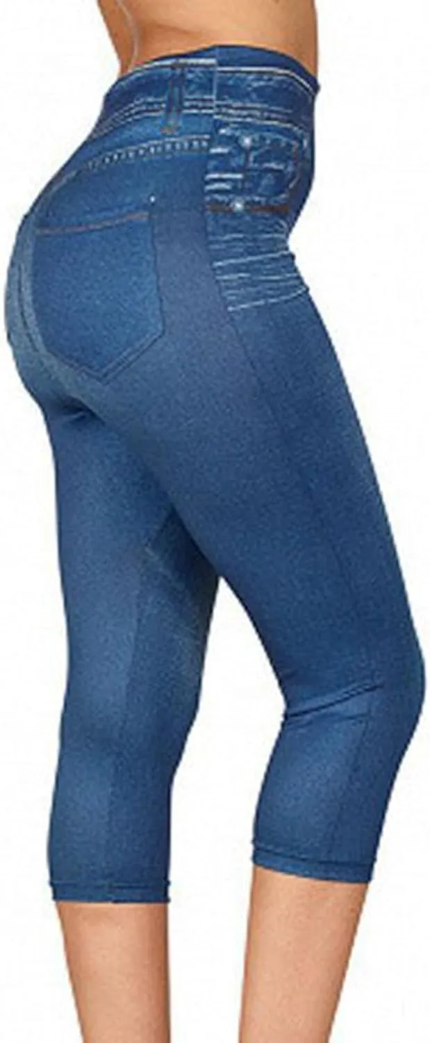 Capri Leggings for Women Jean Look Jeggings Super Comfy Stretch High Waisted Denim Skinny Pull-On Capri Pants Tights