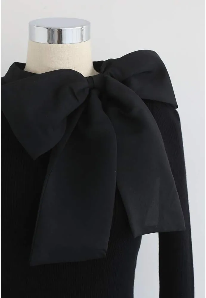 CHICWISH Women Bow Tied Long Sleeve Knit Top Mock Neck Slim Fitted Elegant Blouses Top Solid Wrap Pullover Tops