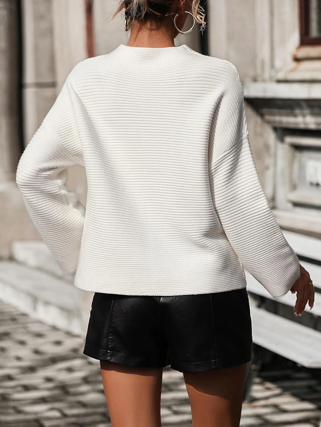 chouyatou Womens Fall Mock Neck Pullover Sweater Elegant Ribbed Knit Dressy Casual Sweater Top