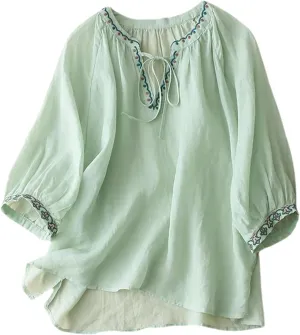 Cotton Linen Tops for Women Summer Casual 3/4 Sleeve T Shirts Lightweight Ethnic Style Embroidery Blouses Tees