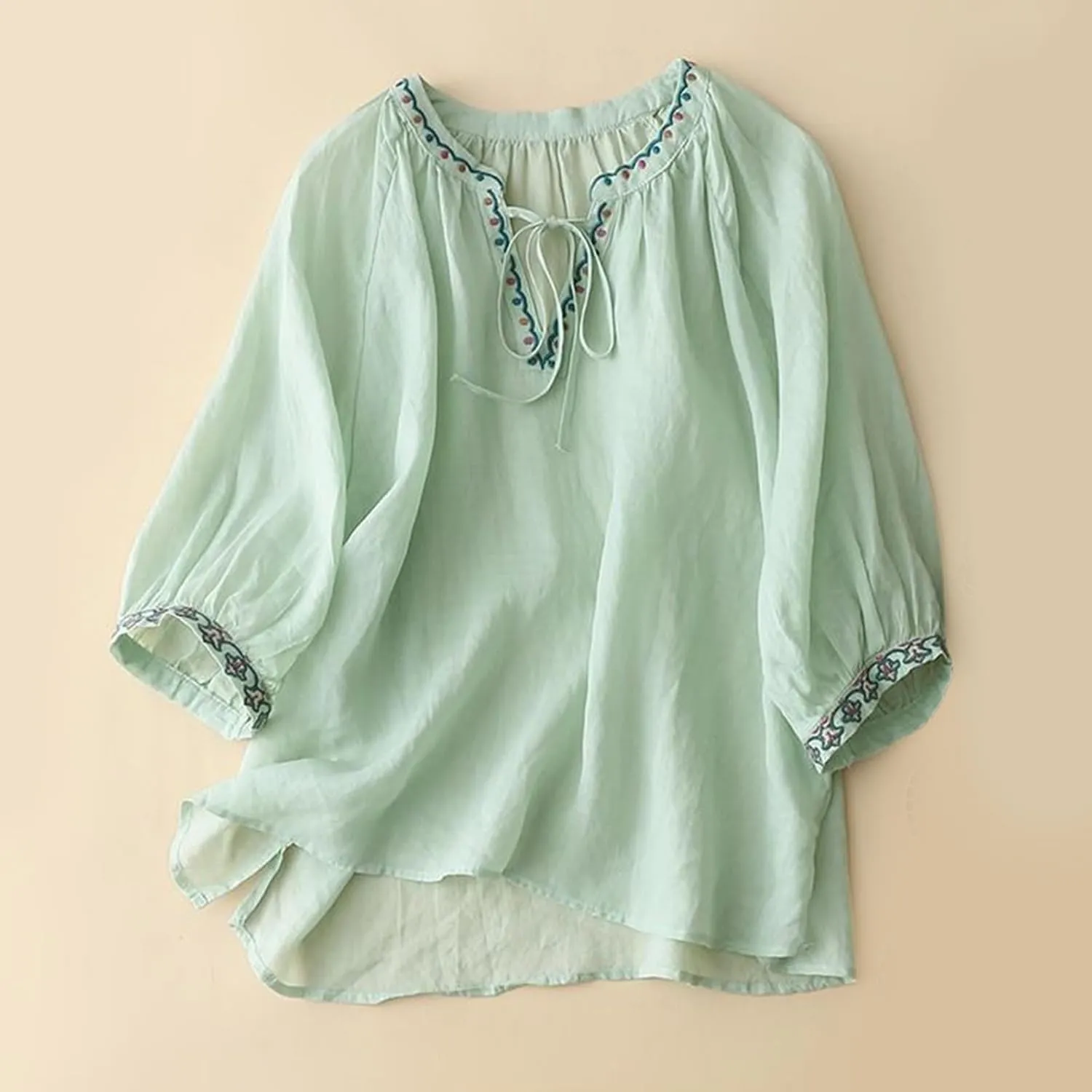 Cotton Linen Tops for Women Summer Casual 3/4 Sleeve T Shirts Lightweight Ethnic Style Embroidery Blouses Tees
