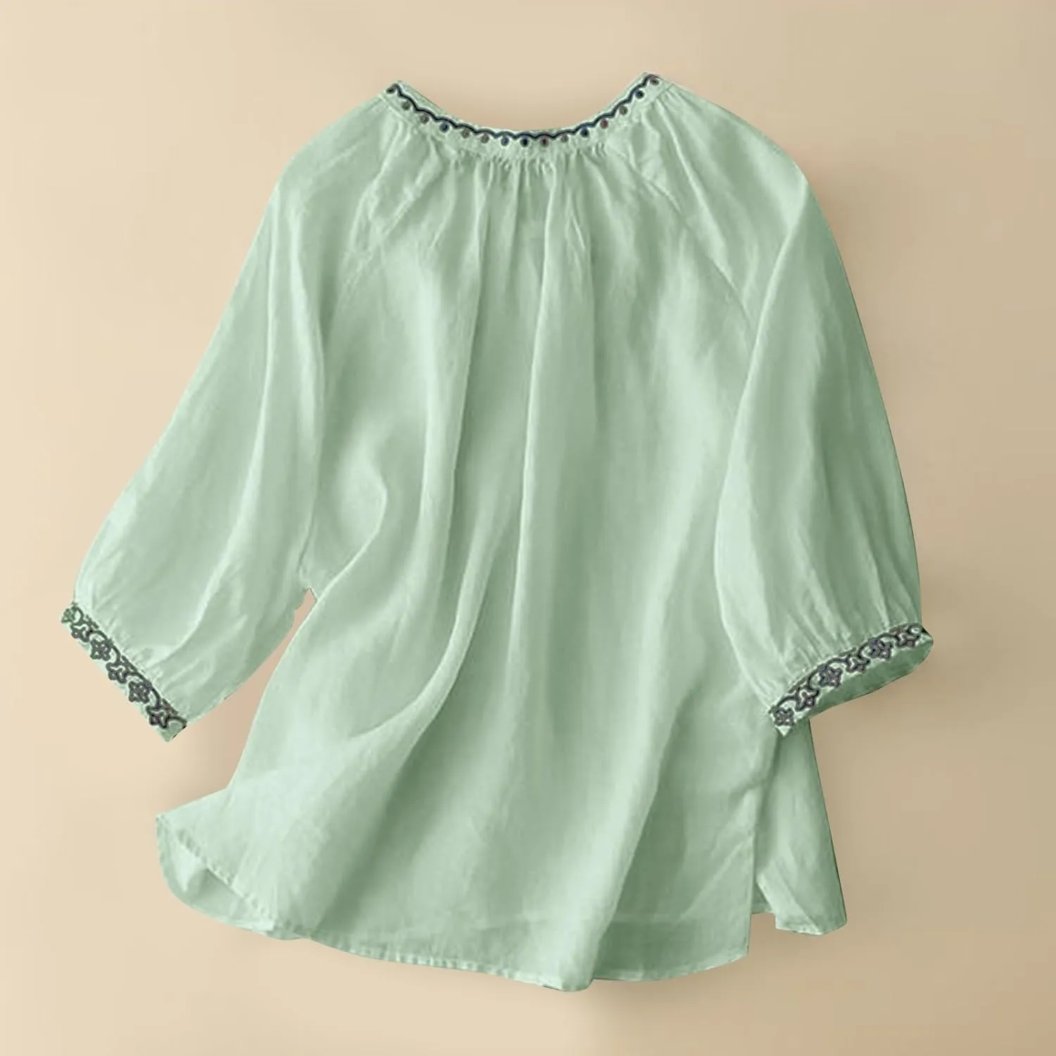 Cotton Linen Tops for Women Summer Casual 3/4 Sleeve T Shirts Lightweight Ethnic Style Embroidery Blouses Tees