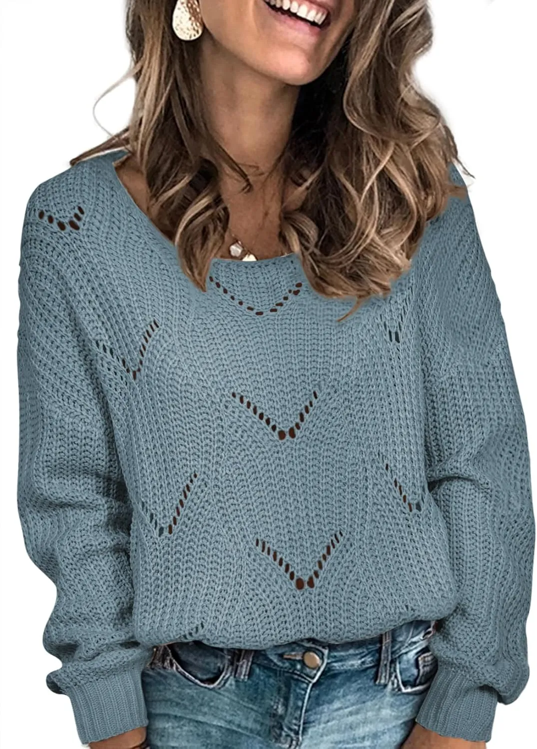 Dokotoo Womens Sweaters 2024 Crewneck Cute Elegant Soft Long Sleeve Hollow Cable Knit Pullover Tops