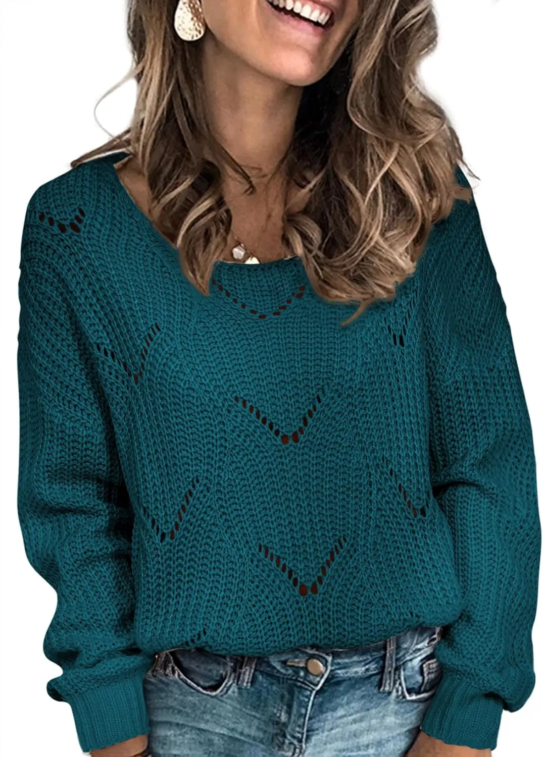 Dokotoo Womens Sweaters 2024 Crewneck Cute Elegant Soft Long Sleeve Hollow Cable Knit Pullover Tops