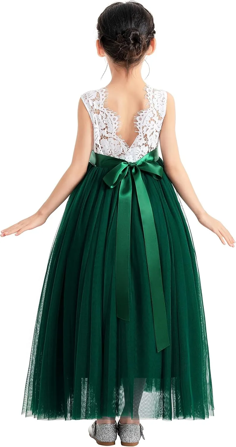 ekidsbridal Scalloped Lace Back Flower Girl Dress Daily Gown Birthday Party Holiday 207R