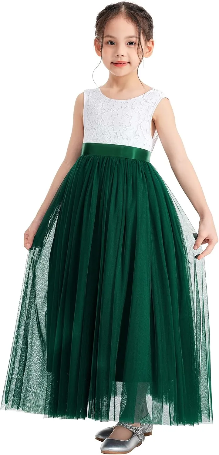 ekidsbridal Scalloped Lace Back Flower Girl Dress Daily Gown Birthday Party Holiday 207R