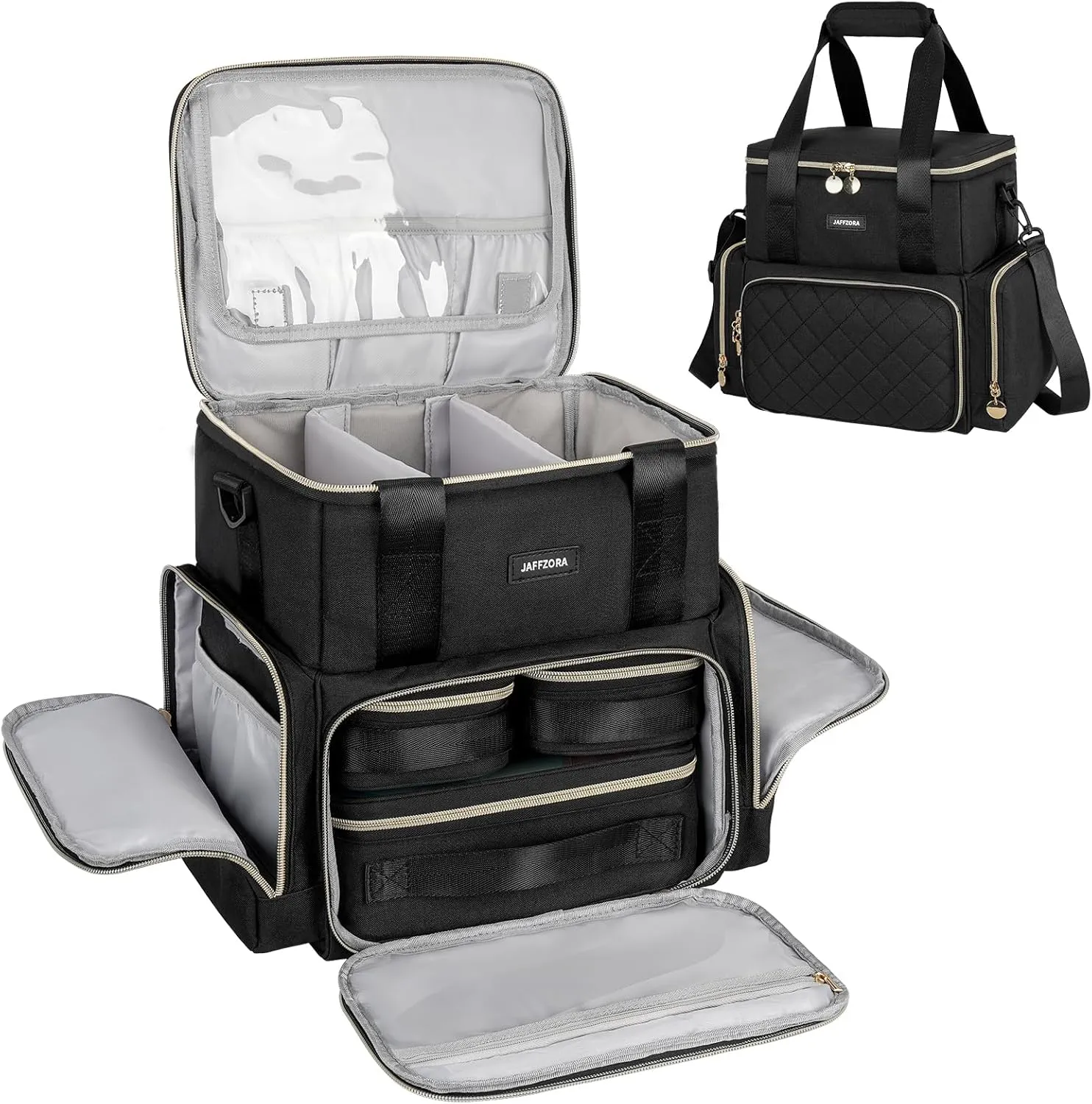Extra Large Makeup Bag with 3 Removable Cases, Double Layers Travel Cosmetic Storage Organizer Bag with Detachable Dividers, Black
