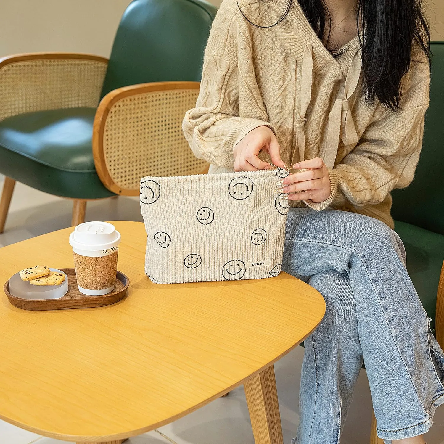 GUTGNK Makeup Bag For Women - Corduroy Cosmetic Bags Aesthetic Design Ladies Tote Bag,Women's Pencil Case,Cute Smiley Face Makeup Organizer with Zipper (Beige)