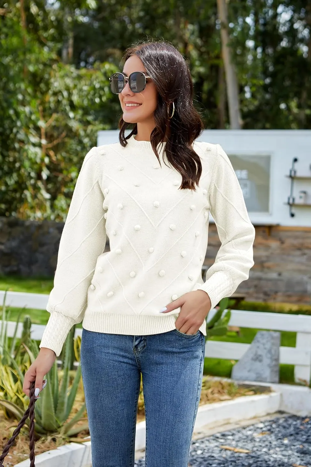 HOCOSIT Women's Lantern Sleeve Crewneck Oversized Pullover Sweater Elegant Knit Warm Jumper Top 2023