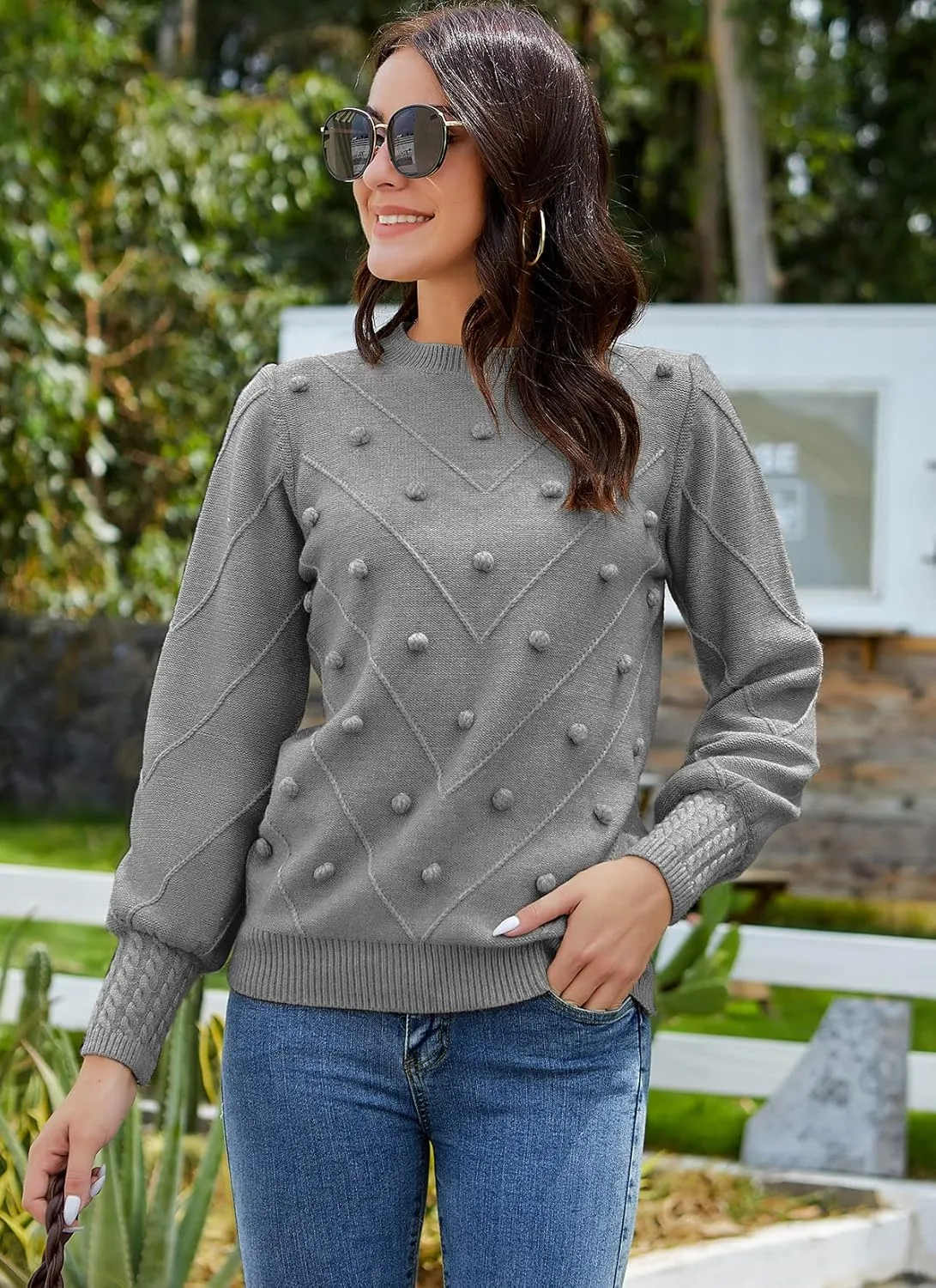 HOCOSIT Women's Lantern Sleeve Crewneck Oversized Pullover Sweater Elegant Knit Warm Jumper Top 2023