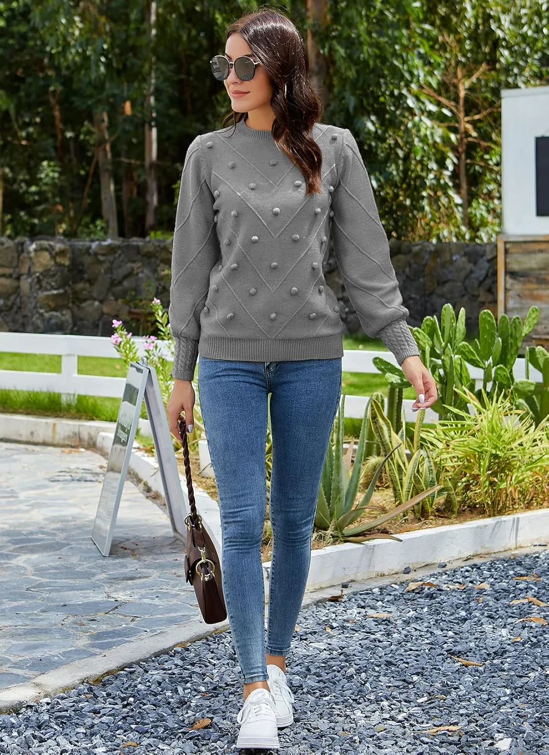 HOCOSIT Women's Lantern Sleeve Crewneck Oversized Pullover Sweater Elegant Knit Warm Jumper Top 2023