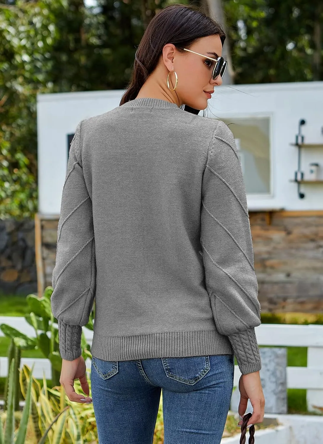 HOCOSIT Women's Lantern Sleeve Crewneck Oversized Pullover Sweater Elegant Knit Warm Jumper Top 2023