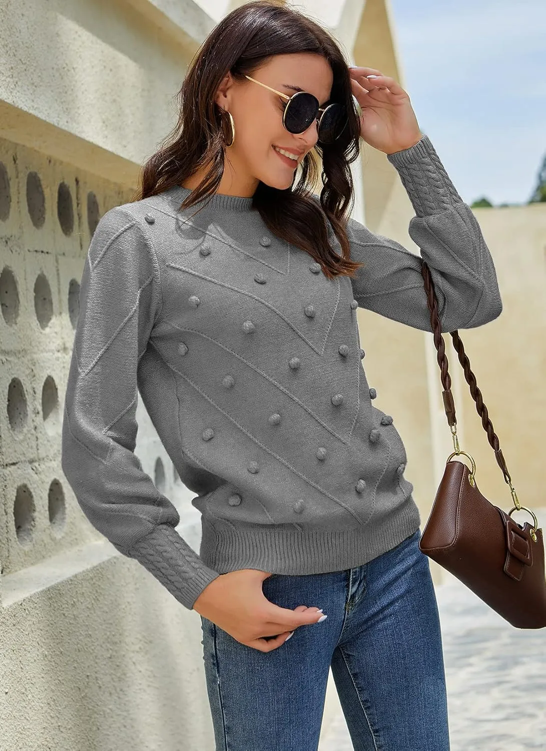 HOCOSIT Women's Lantern Sleeve Crewneck Oversized Pullover Sweater Elegant Knit Warm Jumper Top 2023