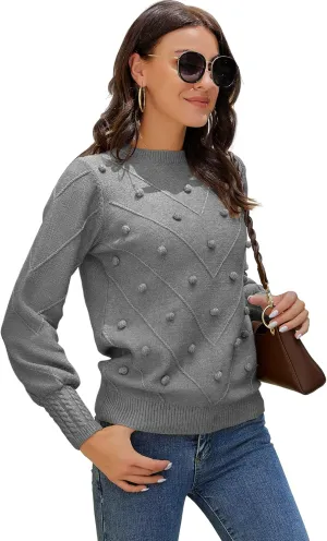 HOCOSIT Women's Lantern Sleeve Crewneck Oversized Pullover Sweater Elegant Knit Warm Jumper Top 2023