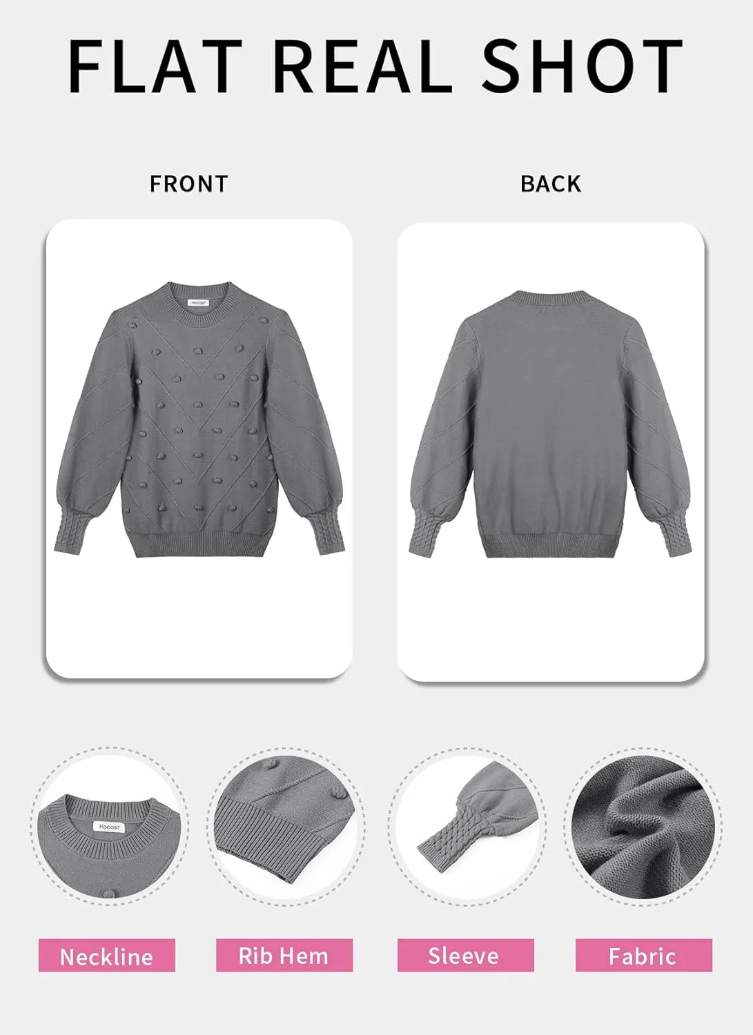 HOCOSIT Women's Lantern Sleeve Crewneck Oversized Pullover Sweater Elegant Knit Warm Jumper Top 2023