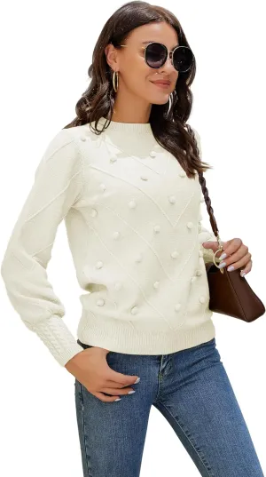 HOCOSIT Women's Lantern Sleeve Crewneck Oversized Pullover Sweater Elegant Knit Warm Jumper Top 2023