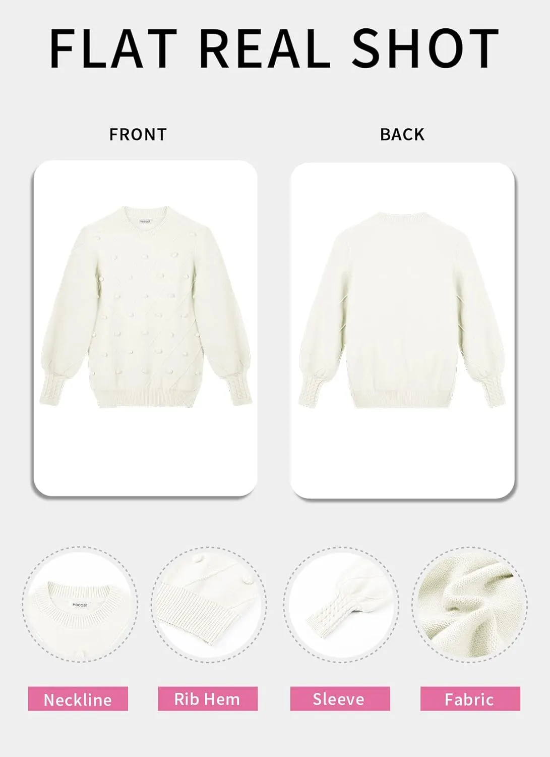 HOCOSIT Women's Lantern Sleeve Crewneck Oversized Pullover Sweater Elegant Knit Warm Jumper Top 2023