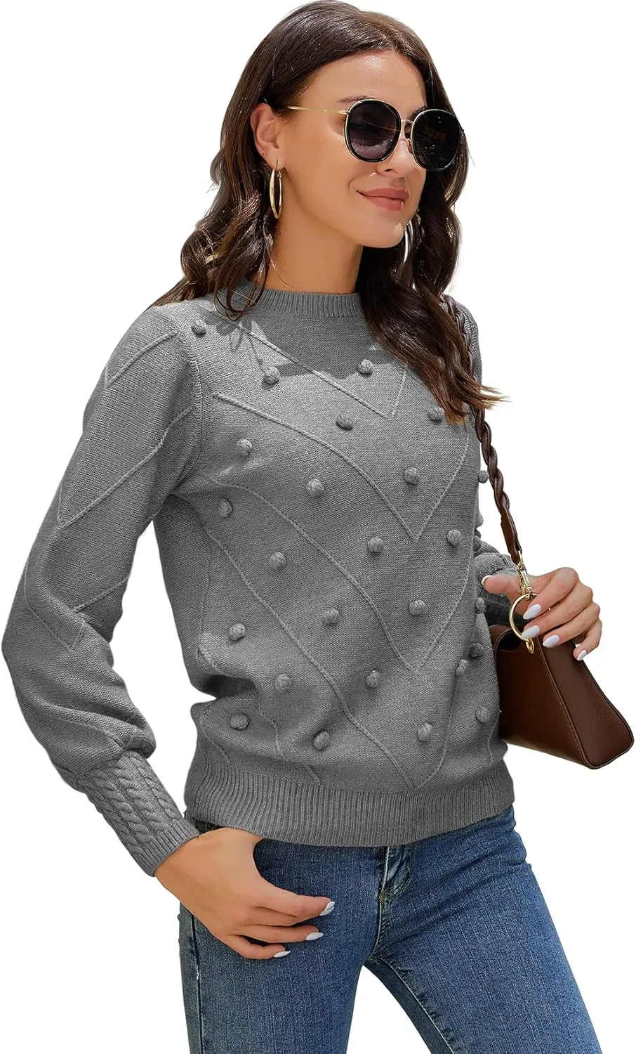 HOCOSIT Women's Lantern Sleeve Crewneck Oversized Pullover Sweater Elegant Knit Warm Jumper Top 2023