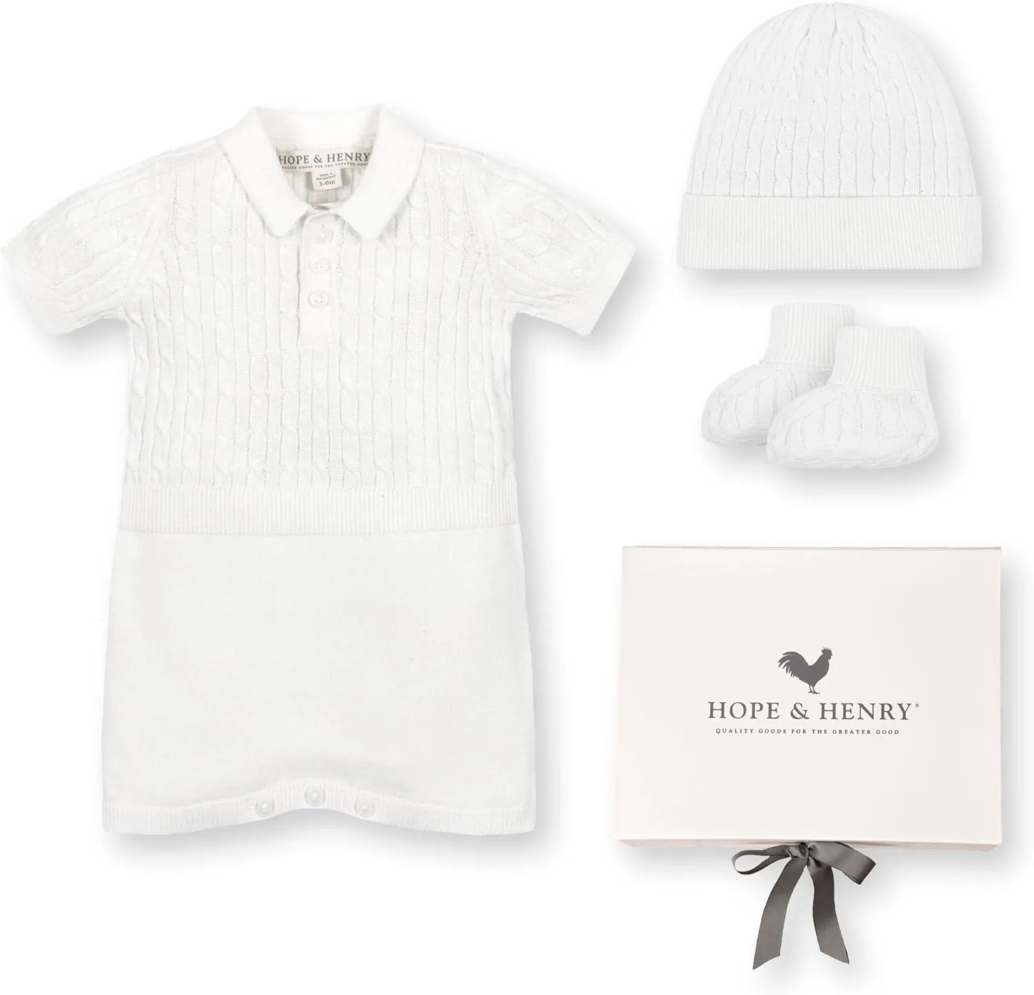 Hope & Henry Baby 4 Piece Shortie Cable Knit Romper Gift Set with Box