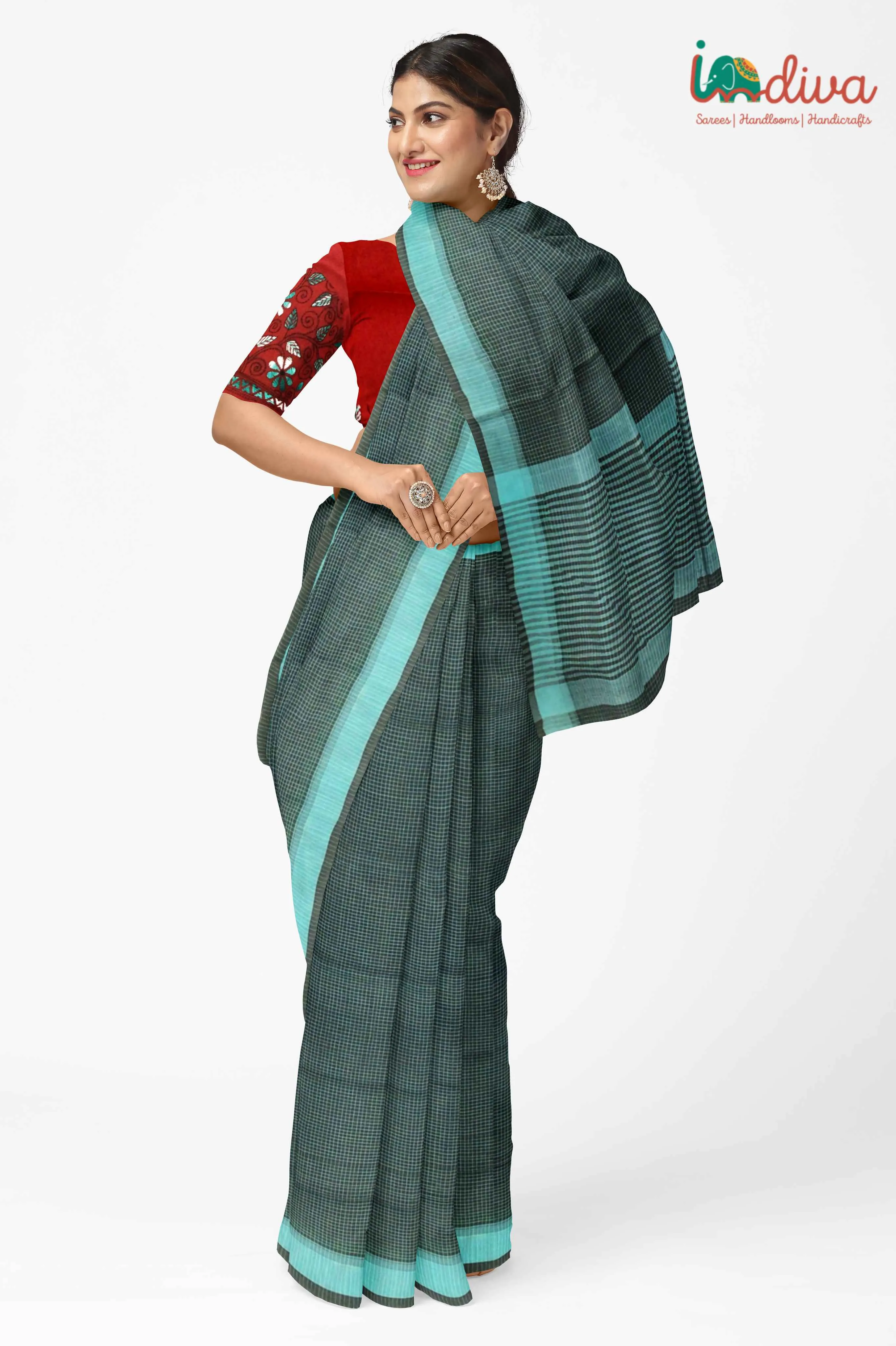 Indiva Bottle Green Andhra Handloom Checks Cotton Saree