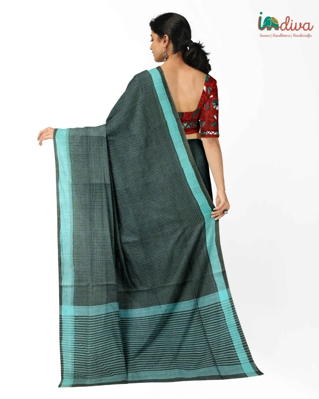 Indiva Bottle Green Andhra Handloom Checks Cotton Saree