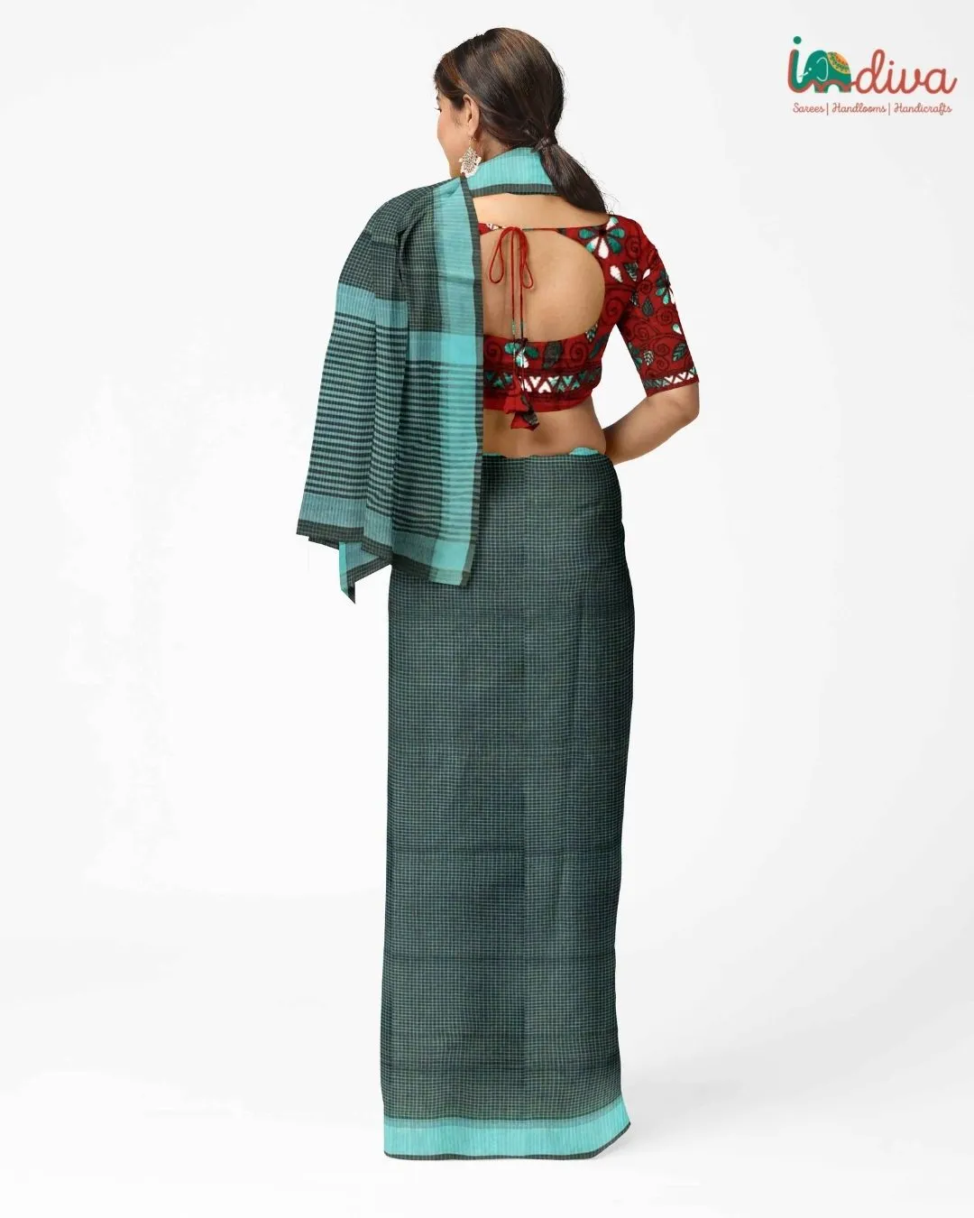 Indiva Bottle Green Andhra Handloom Checks Cotton Saree