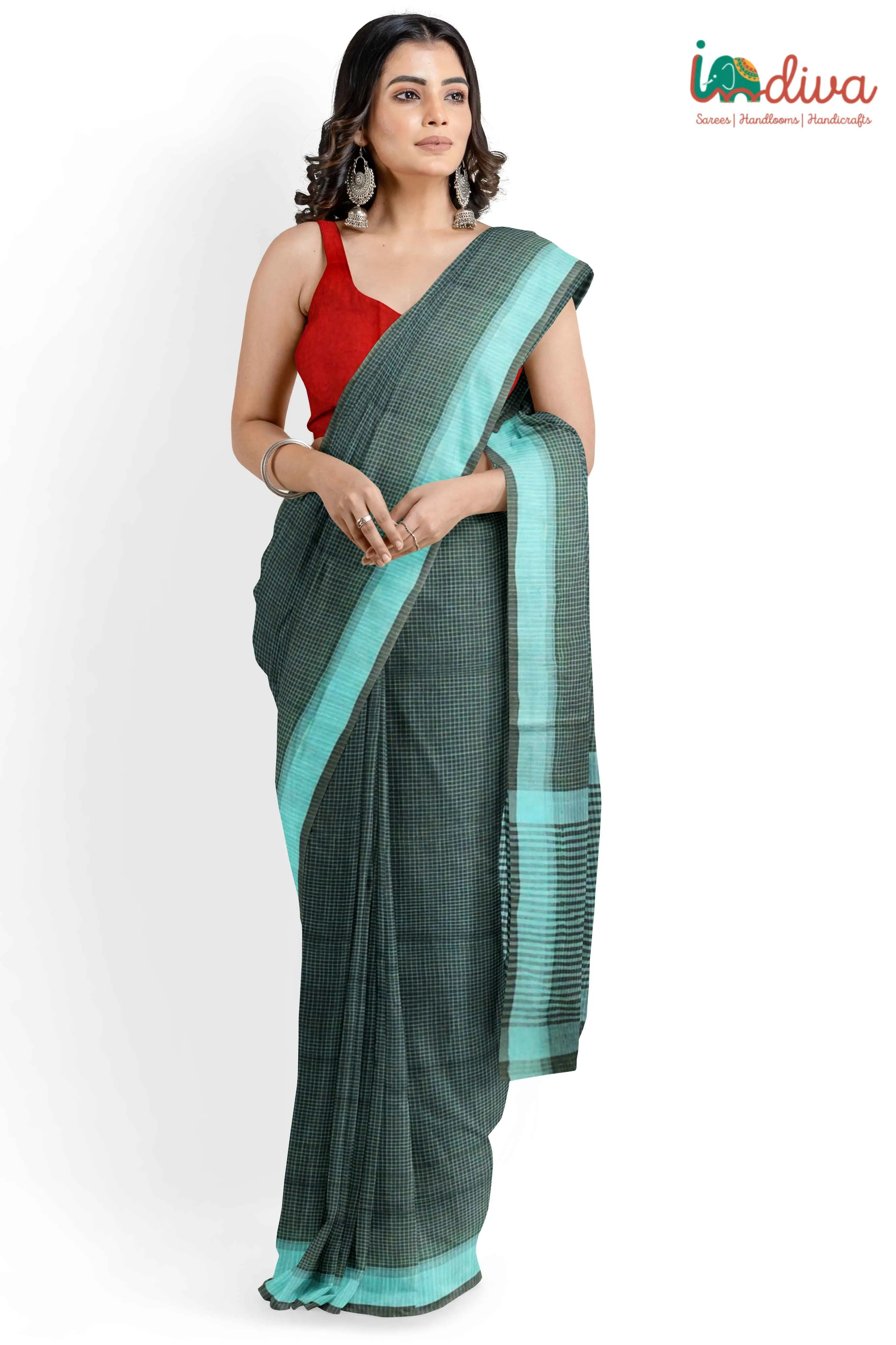 Indiva Bottle Green Andhra Handloom Checks Cotton Saree