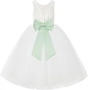 Ivory Lace V-Back Tulle Flower Girl Dress for Church Party Dresses 212noFT