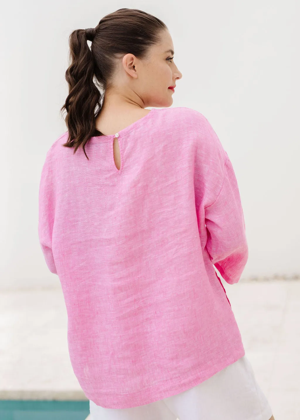 Linen 3/4 Sleeve Top With Pockets Bright Pink