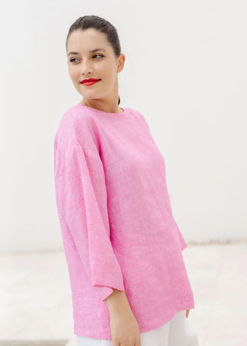 Linen 3/4 Sleeve Top With Pockets Bright Pink