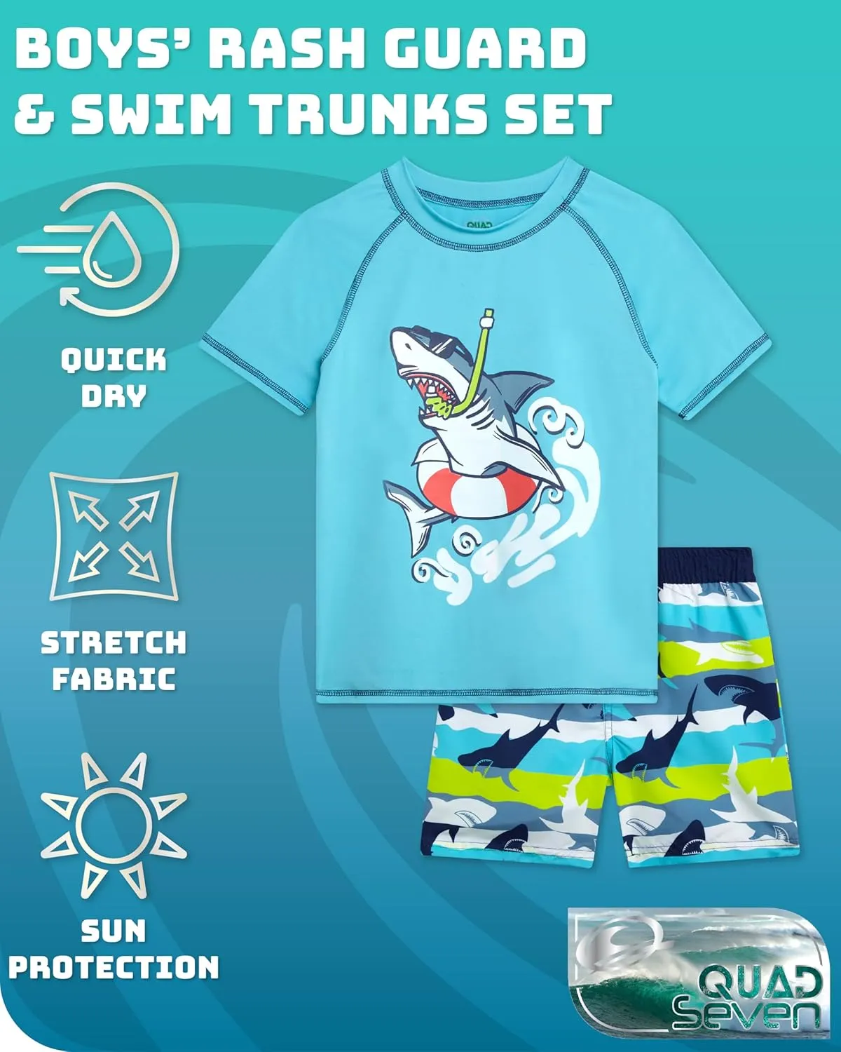 Little Boys Rash Guard Swim Set - 4-Piece Swim Shirt and Bathing Suit Trunks Set (2T-7)