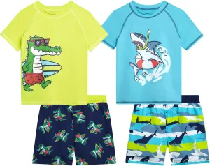 Little Boys Rash Guard Swim Set - 4-Piece Swim Shirt and Bathing Suit Trunks Set (2T-7)