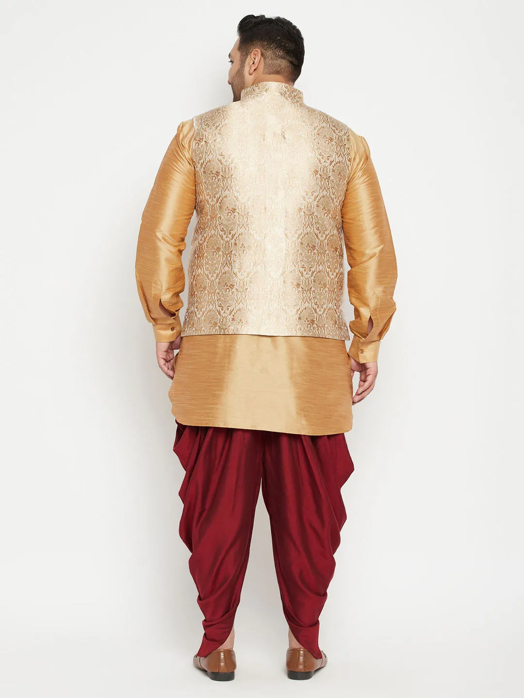 Men's Plus Rose Gold, Rose Gold And White Silk Blend Jacket Kurta Pyjama Set - Vastramay