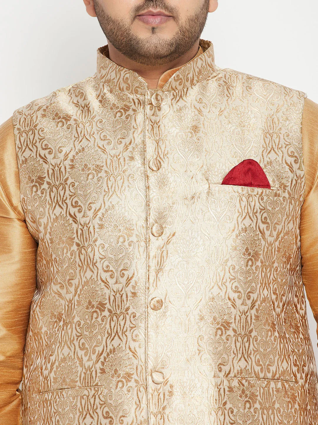 Men's Plus Rose Gold, Rose Gold And White Silk Blend Jacket Kurta Pyjama Set - Vastramay