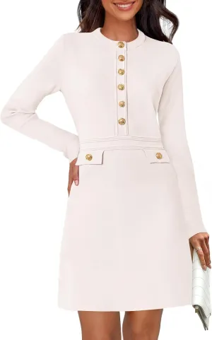 MEROKEETY Women's Long Sleeve Bodycon Sweater Dress Button Crew Neck Elegant Formal Mini Dresses