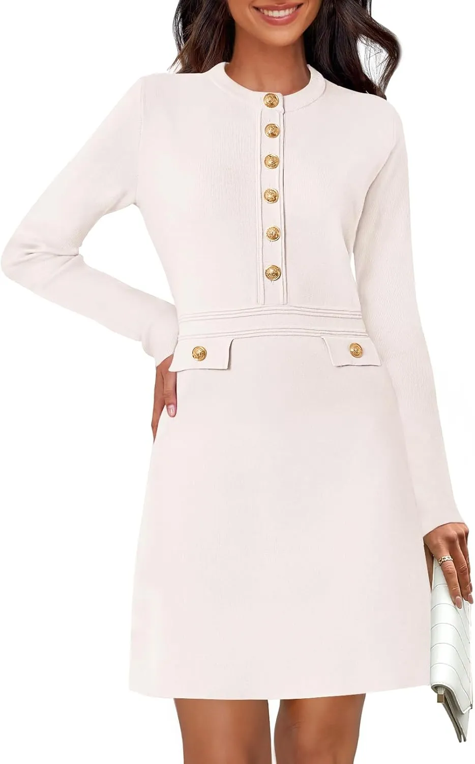 MEROKEETY Women's Long Sleeve Bodycon Sweater Dress Button Crew Neck Elegant Formal Mini Dresses