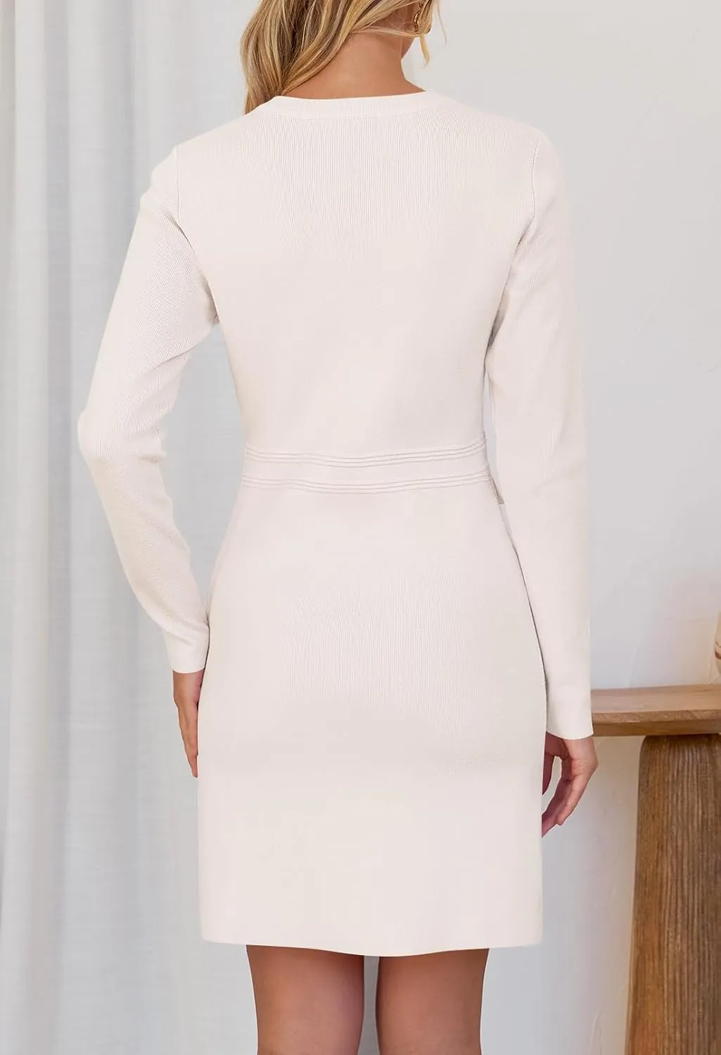 MEROKEETY Women's Long Sleeve Bodycon Sweater Dress Button Crew Neck Elegant Formal Mini Dresses