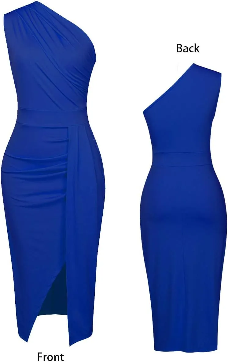 Nature Comfy LilyIn Womens Elegant one Shoulder Sleeveless Ruched High Slit Solid Color Cocktail Party Dresses