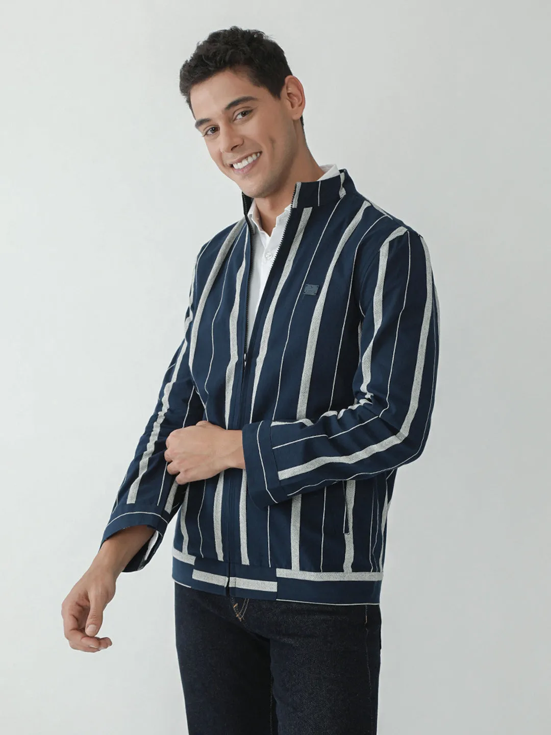 Navy Striped Zipper Jacket